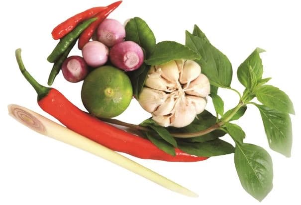 Fresh Thai cooking herbs and ingredients on a white background
